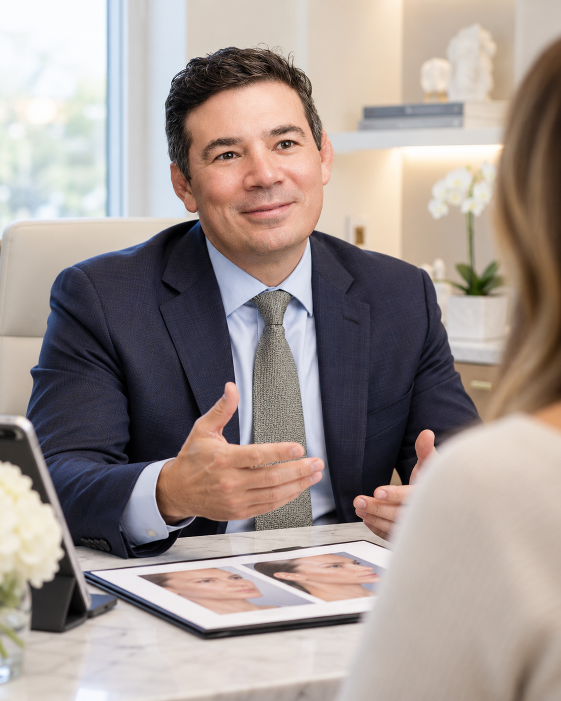 Plastic surgeon consulting with a patient in a modern clinic while reviewing facial aesthetic treatment photos.